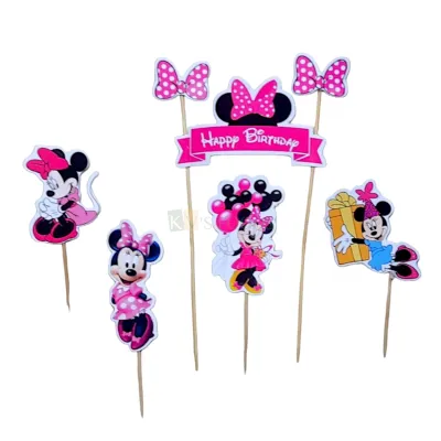 5 PCS Different Minnie Mouse Cartoon Theme Cake Topper Insert Cupcake Toppers for Girls, Friends Happy Birthday Decorations Items Cake Accessories, Tags, Banners, Cards, Toothpicks Toppers