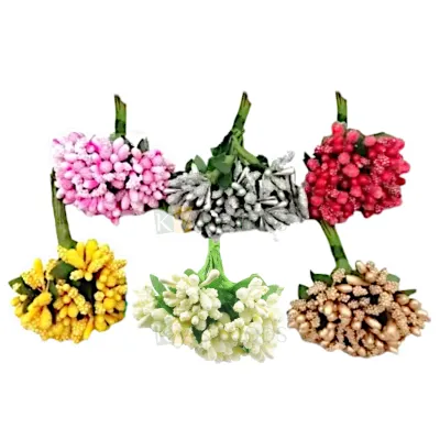 24 PC Non-Edible Artificial Pollen Stem, Flowers for Wedding Cake Decorating Tiara Making, Jewelry, Scrapbooking Flower buds Bouquet Vase Leaves Decorations Mehendi Functions Gajra Hair Accessories