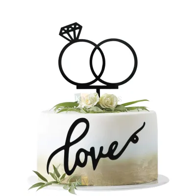 1PC Black Ring With Stick and Love Without Stick Cake Topper, Engagement Wedding Cake Topper, Silhouette Cake and Cupcake Insert, Cake Edge Topper Unique Elegant Font Design Topper DIY Cake Decoration