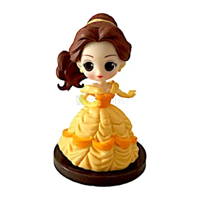1PC Princess Disney Kawaii Q Style Belle Doll Cake Topper, Yellow Theme, Girls Big Eyes Doll with Black Base Kids Room Decor Cutest Princess Figurine Kids Happy Birthday, Long Dress Doll Cake Decor