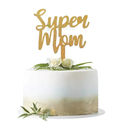 1PC Golden Shiny Glitter MDF Super Mom Cake Topper, Birthday Cake Toppers, Unique Elegant Font Design Cake and Cupcake Topper, Cupcake Glitter Insert DIY Cake Decorations