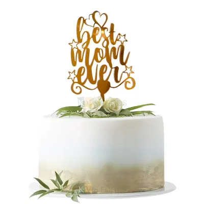1PC Golden Acrylic Shiny Glass Finish Best Mom Ever with Hearts and Stars Cake Topper, Mother Birthday Celebration Unique Elegant Font Design Cake Cupcake Topper, Cupcake Insert DIY Cake Decoration