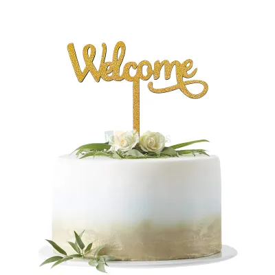 1PC Golden Shiny Glitter MDF Welcome Topper, New Born Baby Welcome Ceremony, Couple Welcome Ceremony, Unique Elegant Font Design Cake and Cupcake Topper, Cupcake Glitter Insert, DIY Cake Decorations