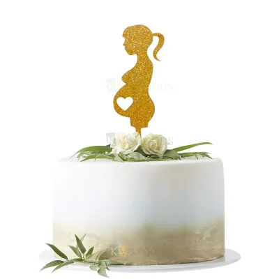 1PC Golden Shiny Glitter MDF Pregnant Woman And Heart For Expectant Mother Cake Topper, Baby Shower Ceremony and Ocassions Pregnant Lady Cake Insert Small home Celebrations Cake Topper and Decorations