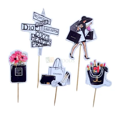 5 PCS Paper COCO Chanel Paris Perfume Bottle, Shopping Logo Brands Gucci Dior Theme Cake Topper Insert Cupcake Toppers for Ladies Fashion Designing Items Tags, Banners, Cards, Toothpicks Toppers