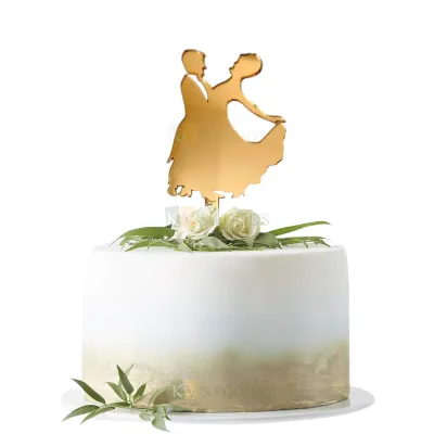 1PC Golden Acrylic Shiny Glass Finish Dressed Up Dancing Bride and Groom Cake Topper, Wedding Theme, Marriage Engagement Ceremony Cake Toppers DIY Cake Decorations