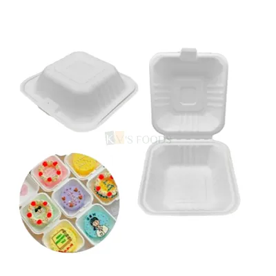 5PCS Set White Small Disposable 6 X 6 inch Bento Box Mini Cake Container with Attached Lid Clamshell Plain Takeaway Box, Hard Food Box, Biodegradable Takeaway Cakes Lunch Boxes, Birthday Parties