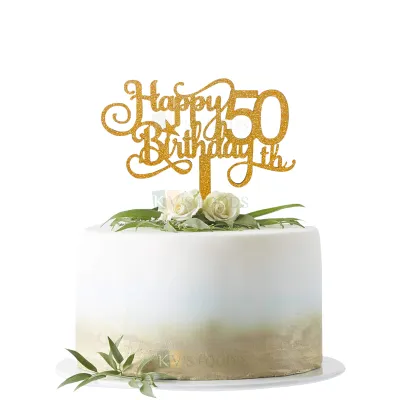 1PC Golden Shiny Glitter MDF Happy 50th Birthday Letters and Star Cake Topper, 50 Number Happy Birthday Cake Glitter Insert, 50 Years Old Birthday Theme Cake Topper Unique Elegant Font Design