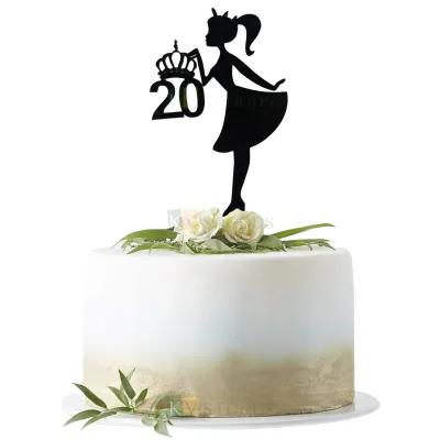 1PC Black Acrylic Standing Girl Showing 20 Number with Crown Cake Topper, Girl Silhouette Cake Topper, 20th Girl Princess Birthday Cupcake Insert, DIY Cake Decoration