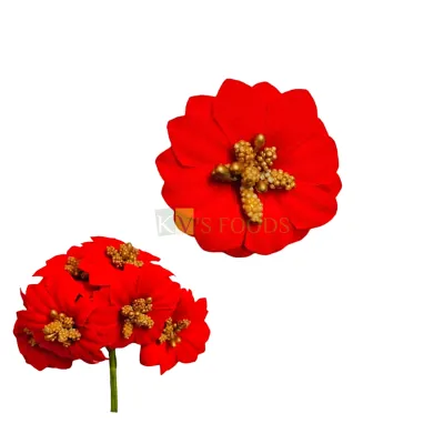 6 PCS Red Small Non-Edible Poppy Poeny Gerbera Flowers Length 1.9 Inch for Birthday Wedding Anniversary Engagement Christmas Cake Cupcake Function Decorations DIY Crafts Wall Home Hair Accessory Decor