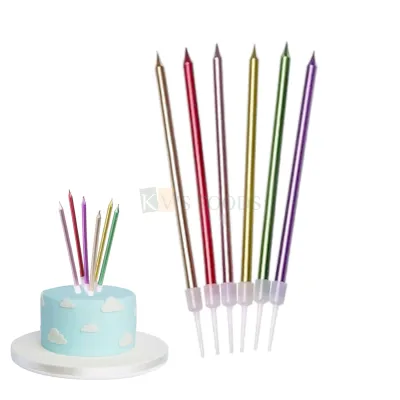 6PCS Metallic Multicolour Shiny Slim Long Thin Wax Candles Set with Holders Cake Topper, Kids Girls Boys Happy Birthday Candles, Pillar Candle Insert Wedding, Bridal Shower DIY Cupcake Decorations