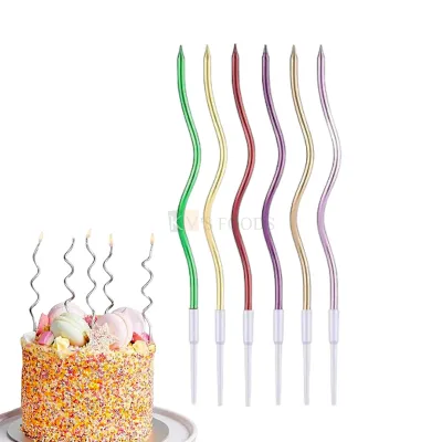 6PCS Metallic Multicoloured Shiny Slim Long Thin Spiral Wax Candles Set with Holders Cake Topper, Kids Girls Boys Happy Birthday Pillar Candles Insert Wedding, Bridal Shower DIY Cupcake Decorations