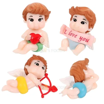 4PC ~2Inch Height Mini Angle Baby Cute Cupid With Love Arrow, Wings &amp; I love you Miniature Cake Topper Figurines Statue Happy Birthday Doll Monsoon Rain Theme Baby Shower Cake Topper