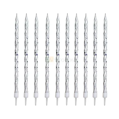 12PCS Metallic SIlver Colour Shiny Slim Long Thin Spiral Wax Candles Set with Holders Cake Topper, Kids Girls Boys Happy Birthday Pillar Candles Insert Wedding, Bridal Shower DIY Cupcake Decorations