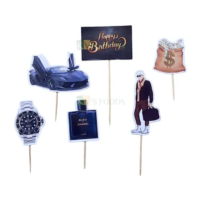 6 PCS Luxury Car, Rich Boy, Money, Royal Watch, Blue De Perfume Bottle Happy Birthday Cake Paper Topper Insert Cupcake Toppers for Boys Mens Decorations Items Tags, Banners, Cards, Toothpicks Toppers