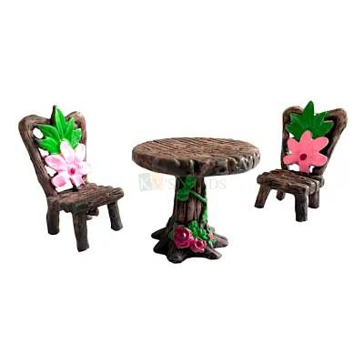 3PC Dark Brown Colour Miniature Round Wood Table and Chair  Cake Topper Fairy Garden Furniture Theme Kids Girls Boys Happy Birthday Micro Dollhouse Cake Topper Kids Room Decor Kawaii Car Decorations