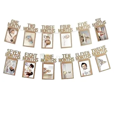 1 PC Brown Colour 12 Month Photo Banner, First Birthday Photo Banner, 1st Birthday Decorations, Monthly Milestone Birthday Banners for Newborn to 12 Months, Picture Baby Photo Banners