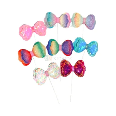 1PC Colourful Shiny Sequins Bow Cake Toppers for Birthday Party Cupcake Inserts, Cake Decorations for Girls Birthday Party DIY Cake Decorating