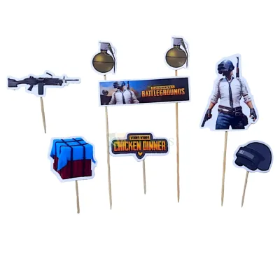 6 PCS PUBG Game Theme Cake Paper Topper Insert Cupcake Toppers for Girls, Boys Friends Happy Birthday Decorations Items Cake Accessories, Tags, Banners, Cards, Toothpicks Toppers