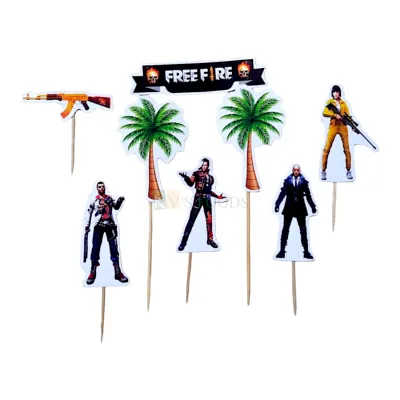 6 PCS Free Fire Theme Cake Paper Topper Insert Cupcake Toppers for Girls, Boys Friends Happy Birthday Decorations Items Cake Accessories, Tags, Banners, Cards, Toothpicks Toppers
