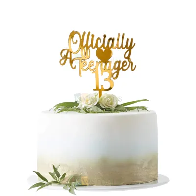 1PC Golden Acrylic Shiny Glass Finish Officially A Teenager 13 With Heart Cake Topper, Girls Daughters Happy Birthday Cake  Insert 13 Years Old Theme Unique Elegant Font Design DIY cake Decoration
