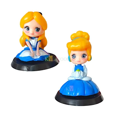 1PC Blue Princess Sitting Cinderella and Sitting Allice Disney Frozen Doll Cake Topper, Kawaii Q Style Girls Big Eyes Doll with Black Base Kids Room Decor Cutest Princess Figurine Cartoon Characters