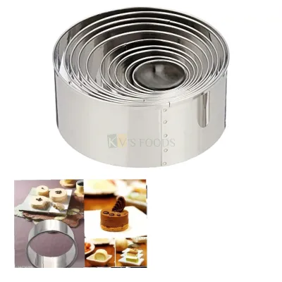 10 PC Silver Steel Different Sizes Circle Round Shape Ring Cookies Cutters, Biscuits Sandwich Chocolate Metal Moulds, Birthday Theme DIY Cake Decorations