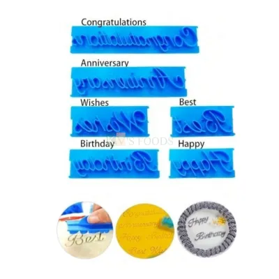 6 PCS Blue Congratulations Happy Birthday Best Wishes Anniversary Word Fondant Stamps Cutters Molds Chocolates Plungers Birthday Party, Wedding Anniversary Cake Decorations