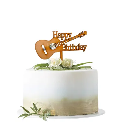 1PC Wooden Finish  MDF Guitar and Happy Birthday Letters Cake Topper, Musician Guitarist Theme Cake Insert, Kids Girl/Boy Birthday Theme DIY Cake Decoration