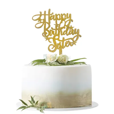 1PC Golden Shiny Glitter MDF Happy Birthday Sister with Stars Cake Topper, Sister Cupcake Insert Unique Elegant Font Design Cake and Cupcake Topper, Cupcake Glitter Insert DIY cake Decorations