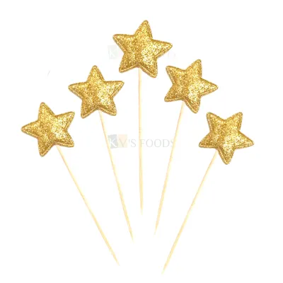 10 PCS Shiny Glittery Golden Star Shape Toothpick Cake Topper Cupcake Toppers Wedding New Years Cakes Decorations Happy Birthday Theme Fruit Pick Foamed Bamboo Toothpicks DIY Cake Decorations
