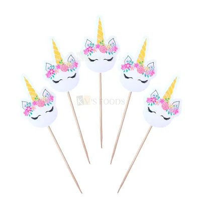 10 PCS Multicoloured Cute Unicorn Face Toothpick Cake Topper Cupcake Toppers Kids Girls Princess Happy Birthday Unicorn Theme Baby Shower Party Fruit Pick Bamboo Toothpicks DIY Cake Decorations