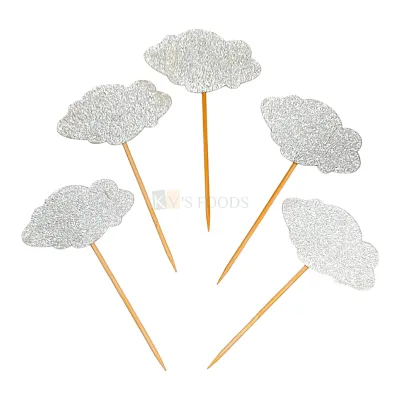 5 PCS Shiny Glittery Silver Cloud Shape Toothpick Cake Topper Cupcake Toppers Wedding New Years Cakes Decorations Happy Birthday Theme Fruit Pick Bamboo Toothpicks DIY Cake Decorations
