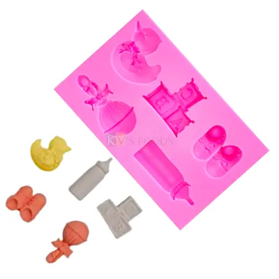 1 PC Silicone Fondant Baby Milk Bottle Rattle Toy Duck Alphabet Blocks Shoes Chocolate Mould 6 Cavity, Baby Shower Kids Girls Boys Children's New Born Happy Birthday Theme, Flexible Moulds Cake Decor