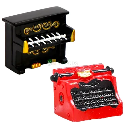 2PC Black Red Colour Mini Piano Typewriter Miniature Cake Topper Music Instrument Lover Theme Micro Dollhouse Cake Topper Kawaii Car Room Decorations DIY Retro Simulation Furniture Toy Mini Cakes