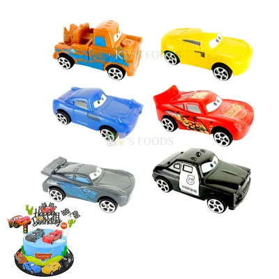 6 PCS Small Blue Red Black Grey Yellow Racing Car Set Cake Topper Ambassador Die Cast Sports Cars Vehicles Boys Car Theme Birthday Push GO Eyes Car Toy Miniature Figurine Play Toys DIY Cake Decoration