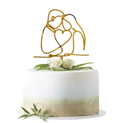 1PC Golden Acrylic Shiny Glass Finish Romantic Couple With Heart Line Cake Topper, Love Celebration Valentines Cake Insert, Cake Edge Topper Cupcake Topper, DIY Cake Decoration