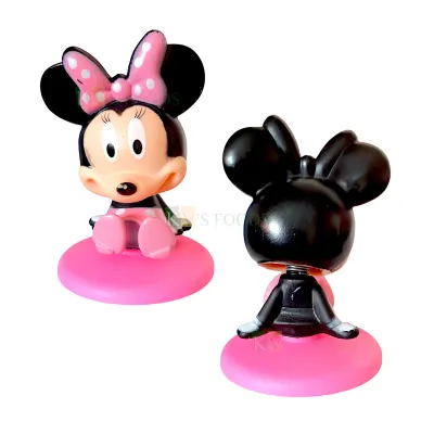 1PC Pink Sitting Minnie Cartoon Spring Toy Cake Topper Doll Cake Topper Girls Happy Birthday Theme, Moving Head Minnie Cake Topper With Pink Base, Girls Happy Birthday Theme