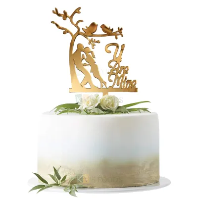 1PC Golden Acrylic Shiny Glass Finish Couple Kissing Under a Tree Birds U Are Mine Letters Cake Topper, Unique Elegant font Design Cake Topper, DIY Cake Decorations