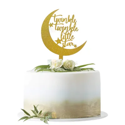 1PC Golden Shiny Glitter MDF Twinkle Twinkle little star with Moon and Stars Cake Topper, New Born Baby Shower Ceremony, Unique Elegant Font Design Cake Glitter Insert DIY Cake Decorations