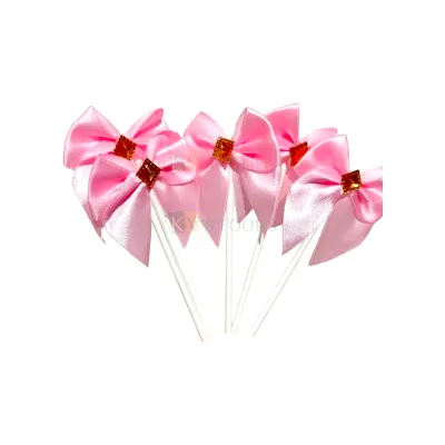 6 PC Set Beautiful Bowknot Butterfly Pink Satin Toppers Cupcake Insert, Girls Birthday Themed Party DIY Cake Decorating