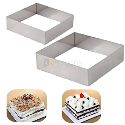 1 PC Sizes 6, 8 Inches, Height 2 Inch Silver Stainless Steel Square Shape Ring Cake Cutter, Pancakes Fondant Cakes Sandwich Metal Moulds, Birthday Anniversary Cakes Accessories Tools