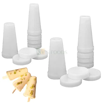 5PCS Diameter 1.6, 1.8 Inch, Capacity ~40, 60 ML Plastic White Ice-Cream Kulfi Maker Set with Cover, Different Sizes Non-Stick Mould Conical Kulfi Kitchen Tool Round Ice Cream Tub Mold Cake Decoration
