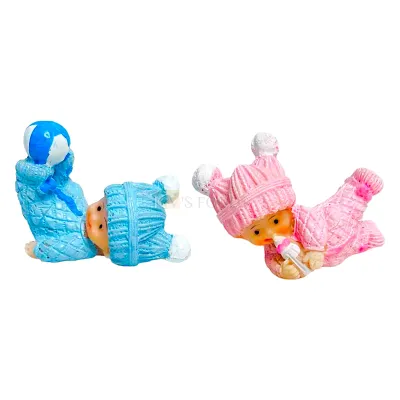 2PC Pink Baby Girl With Milk Bottle Blue Baby Boy With Ball, Doll, Cake Topper Small Cute Mini Baby Shower Cake Topper, Miniature Figurine Happy Birthday Theme Kids Room Decor DIY Cake Decoration