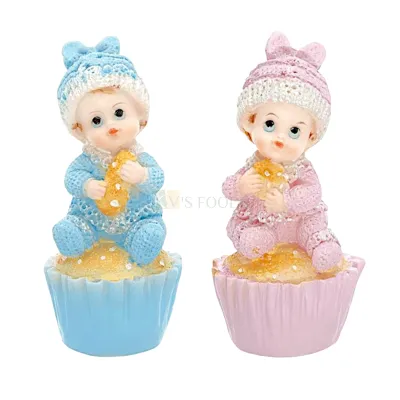 2PC Pink Baby Girl Blue Baby Boy Sitting On Cupcake Doll Cake Topper, Small Cute Mini Baby Shower Cake Topper, Miniature Figurine Happy Birthday Theme Kids Room Decor DIY Cake Decorations
