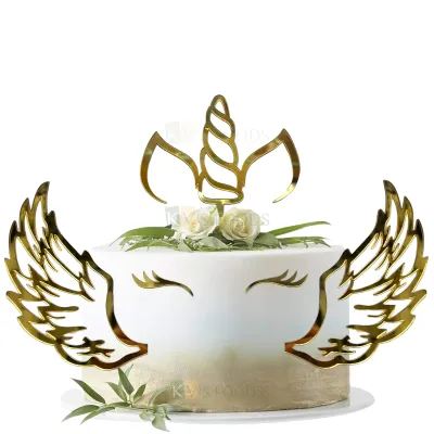 1PC Golden Acrylic Shiny Glass Finish Unicorn Theme Wings Ears Eyes Horn Set Cake Topper Kid Girls Happy Birthday Cake Insert, Unicorn Reusable Cake Topper DIY Friends Birthday Cake Decorations