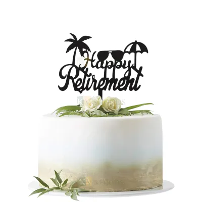 1PC Black Acrylic Happy Retirement  Word Letter with Beach Theme Design Umbrella Coconut Tree Sunglasses Cake Topper,  Happy Retirement Speck Theme Father Grandfather Retirement Day Party Cake Topper