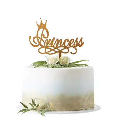 1PC Golden Acrylic Shiny Glass Finish Princess Letters With Crown Tiara Cake Topper, Girls Princess Birthday Party Theme Cake Insert Unique Elegant Font Design DIY Cake Decorations