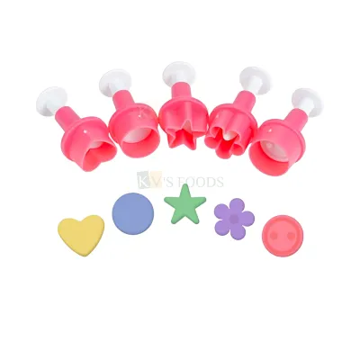 5 PCS Pink Heart Star Circle Flower Button Shapes Fondant Plunger Cutters Stamps, Embossing Spring Mold Presses Impressions, Chocolate Pancake Love Valentines Wedding Anniversary Cakes Decorations