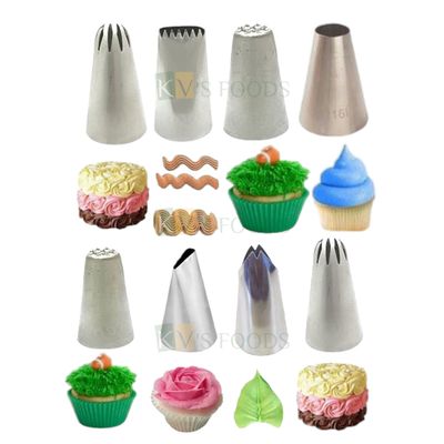8 PCS Stainless Steel Icing Basket Weave, Grass, Leaf, Open Star, Plain Round, Frill Nozzle, Pastry Cupcake Desserts, Cookies Piping Tip, For Frosting Whipping, Butter Cream DIY Cake Decoration Tools